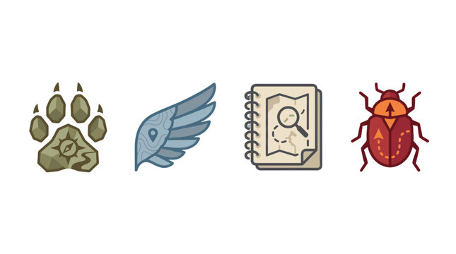 Nature exploration icon set with paw print wing map and beetle
