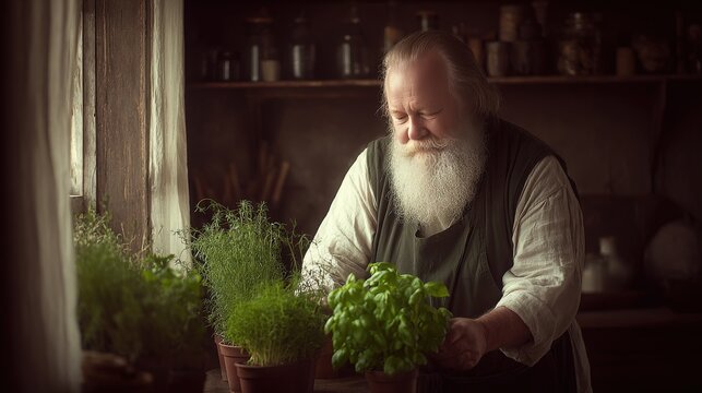 Elderly Man Tending to Potted Herbs Indoors