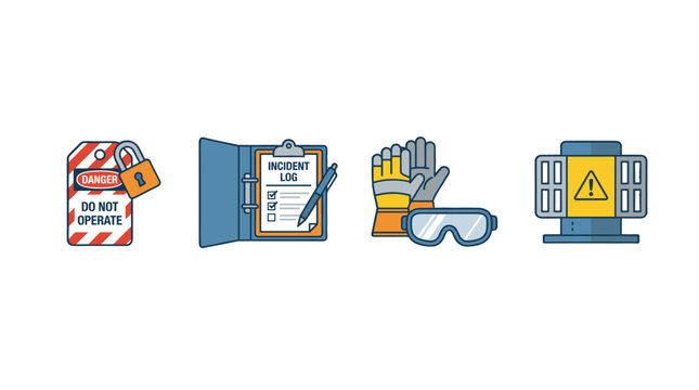 Industrial safety and machine guard presentation icon set