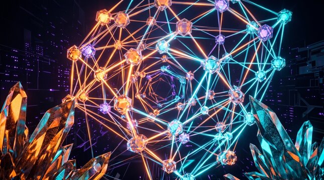 Network structure glows with orange and blue light within a complex geometric crystalline space.