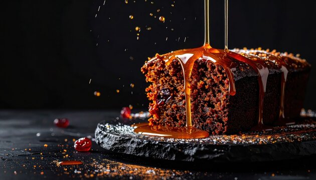 Delicious slice of fruitcake being drizzled with warm rum glaze on a dark background