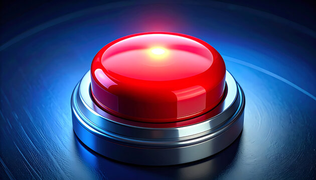 Glossy red emergency stop button illuminated, warning, danger, alarm, important decision, critical moment, alert signal, call to action, technology, control