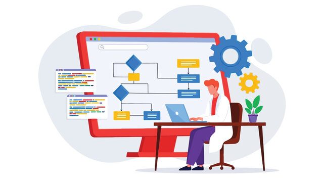 Software developer working on laptop with flowchart displayed on large monitor screen showing complex logic processes with code snippets and mechanical gears.