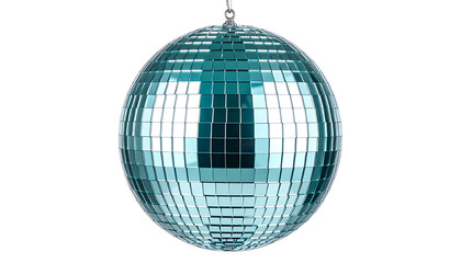 Glossy turquoise disco ball reflecting light, isolated on white background, party celebration element