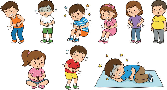 Cartoon Children with Stomach Ache Vector Set Showing Sad Boys and Girls Suffering from Belly Pain, Indigestion, Nausea, Cramps, and Sickness Symptoms