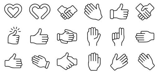 Set of line icons representing various hand gestures and signals for communication and social. © MdSamsul