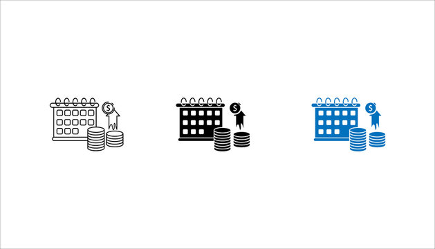 Calendar with coins and reward badge outline icon set. representing payment schedules, recurring billing, financial planning, payroll, budgeting, and revenue tracking.
