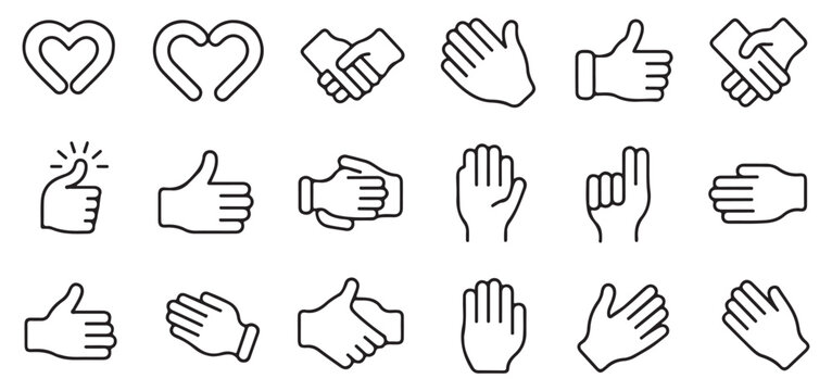 Set of line icons representing various hand gestures and signals for communication and social.