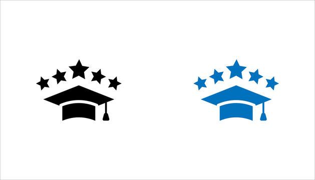 Minimalist line icon of a graduation cap with five stars symbolizing education excellence, academic achievement, university rating, student success, certification, and quality learning concept isolate