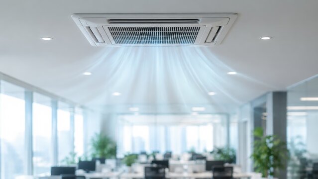 Ceiling-mounted cassette air conditioner blowing cool air over a bright open-plan office with desks, chairs, plants and large windows
