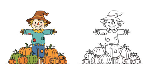 Fototapeta premium Cute Scarecrow Standing in Pumpkin Patch Illustration with Line Art Version for Coloring Page, Autumn Harvest and Halloween Seasonal Vector Graphic for Kids Activity
