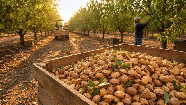 Wooden crate filled with freshly harvested in-shell almonds in a sunlit orchard during harvest