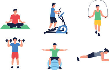 Fototapeta premium Fitness characters vector flat illustration set with people doing yoga cardio training rope skipping lifting weights workout at home