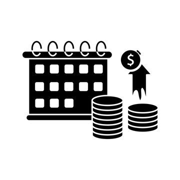 Calendar with coins and reward badge outline icon representing payment schedules, recurring billing, financial planning, payroll, budgeting, and revenue tracking.