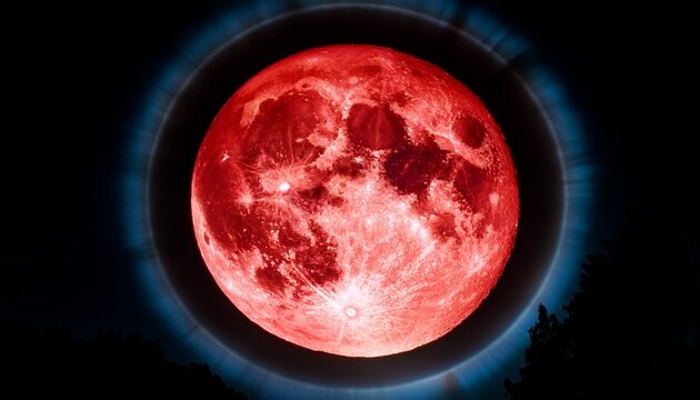 Full Red Strawberry Supermoon Halo Glowing On Black Night Sky Background Close Up