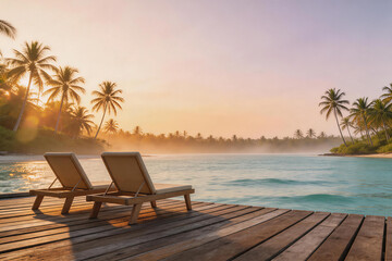 Fototapeta premium Wooden deck with lounge chairs overlooking tropical beach with palm trees at sunrise