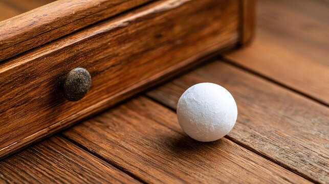 Single camphor ball in wooden drawer, household freshness and moth protection concept, realistic light, minimalist composition