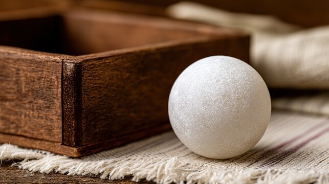 White camphor ball inside wooden drawer, keeping clothes fresh and insect-free, natural light, clean background with copy space