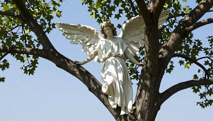 Obraz premium White angel statue perched gracefully upon a sturdy tree branch, wings outstretched