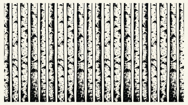 Black and white illustration of multiple birch tree trunks