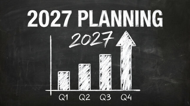 2027 planning bar graph on chalkboard with increasing trend