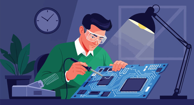 Man repairing electronic circuit board with soldering iron and magnifying lamp illustrating electronics repair and technology maintenance.