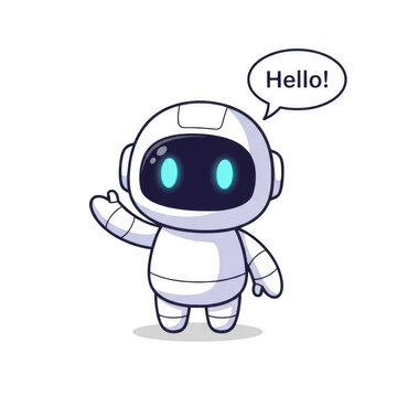 Cute cartoon robot waving and saying hello
