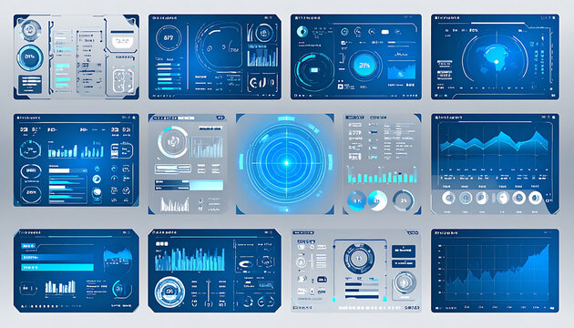 Collection of futuristic digital interface elements and futuristic dashboard screens in blue tones, showing data visualization and technology concepts