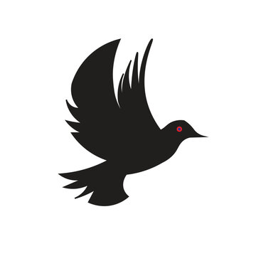 Black bird icon, flying bird silhouette, red eye, minimalist design, vector graphic