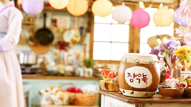 Gwangbokjeol kitchen still life with hanging Hanbok, janggu drum, and lanterns, natural light, simple layout, ample copy space