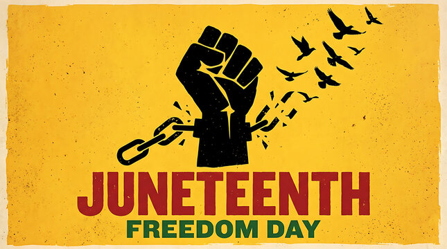 Juneteenth freedom day illustration with broken chain and birds, juneteenth