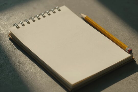 Empty notebook and yellow pencil placed on a gray surface in soft light after midday
