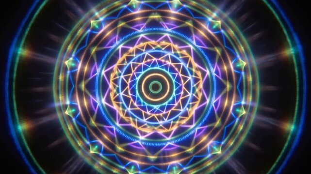 Glowing mandala with pulsating geometric patterns, radiant energetic rays and flowing vibrant colors, spirituality, mindfulness, harmony and inner peace concept, 4K video