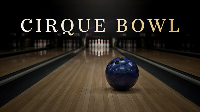 Blue bowling ball on wooden lane with pins in background at bowling alley called Cirque Bowl