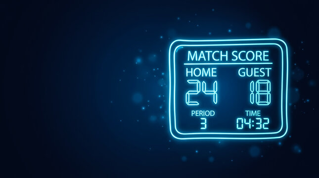 A futuristic digital display illustrating a basketball match score with home team leading 24 to 18 in the third period at 4 minutes and 32 seconds remaining.