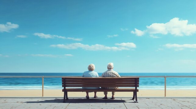 Elderly senior couple sitting together on a wooden park bench while enjoying, watching the peaceful view of the vast blue ocean, sea, beach under a bright sunny summer sky scene, back view