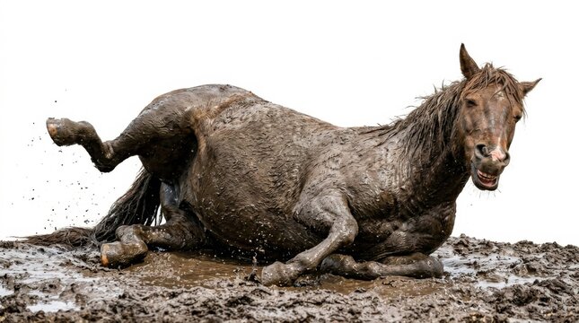 Horse Rolling in Mud Dynamic Action Isolated White
