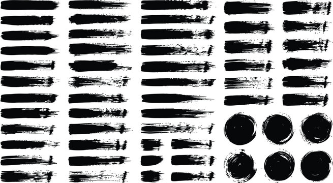 black paint brush strokes ink circles grunge texture vector set hand drawn silhouette graphic element isolated on white background