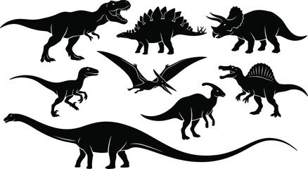 dinosaur black silhouette vector set jurassic prehistoric animals graphic collection isolated on white background © VactorZone