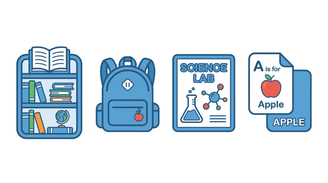 Rounded education icon set with bookshelf backpack and cards