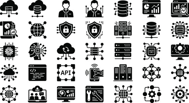 Big Data Analytics and Cloud Computing Solid Icon Set for Network Security System Administration and Database Management Interface Vectors