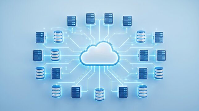A cloud symbol is at the center, with lines connecting to various server icons and database symbols. This shows the flow of data in digital technology