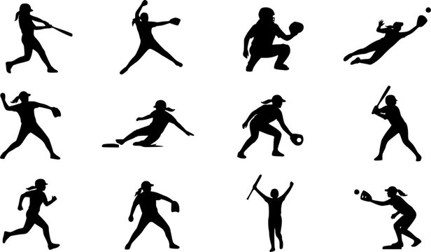 Softball player silhouette icon set, flat black glyph style, pure white background
