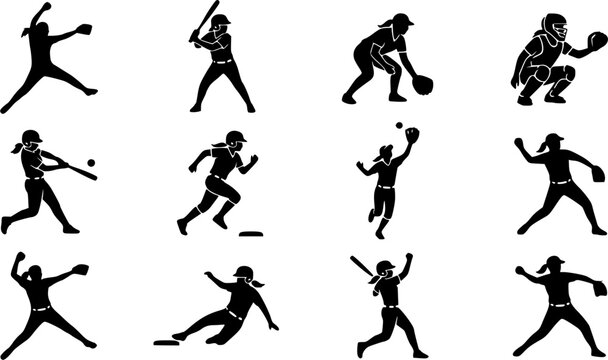 Softball player silhouette icon set, flat black glyph style, pure white background