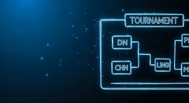 Futuristic digital interface showing a tournament bracket with glowing blue neon lines and labels like DN, CHN, LING, PL, and M.