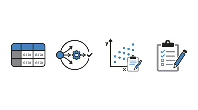 Data analytics dashboard icon set with charts, table and checklist