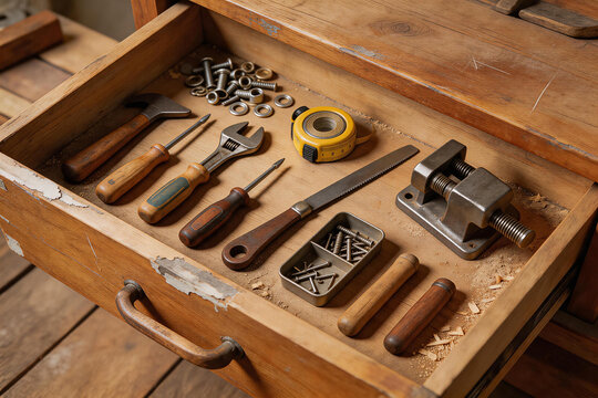 Organized wooden toolbox drawer with hand tools and hardware