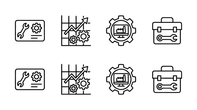 Manufacturing spare parts line icon set with tools and charts