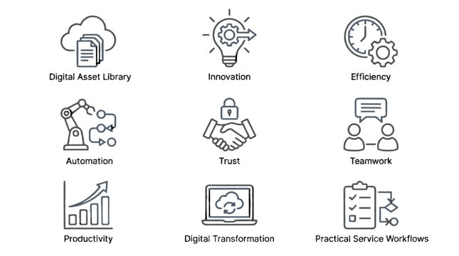 Outline icon set for digital library automation and teamwork