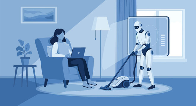 Domestic robot vacuuming carpet while woman works on laptop in living room illustrates smart home automation technology for convenient lifestyle assistance.